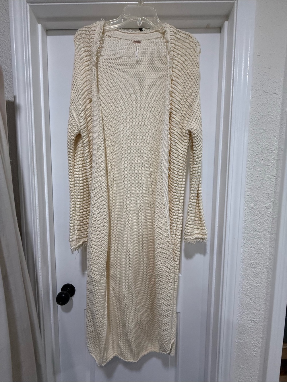 Free People Cream Open-Front Longline Knit Cardigan